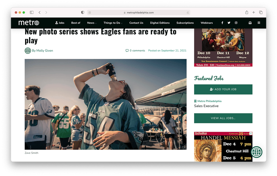 Tearsheet of Eagles fans at Lincoln Financial Field tailgate shot by Zave Smith for Metro Philadelphia