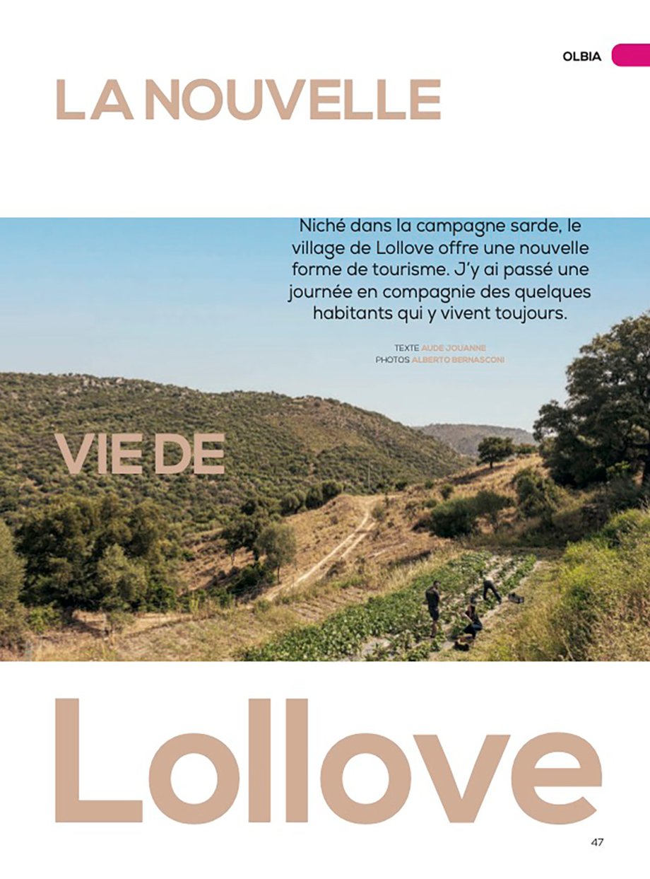 Tear sheet of Enjoy magazine featuring the village of Lovellein Sardinia Italy shot by Alberto Bernasconi