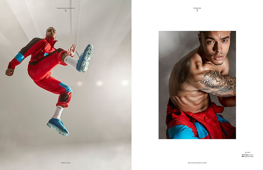 Tearsheet of Fitness model in movement photographed by Aydin Arjomand for Metropolis Sport. 