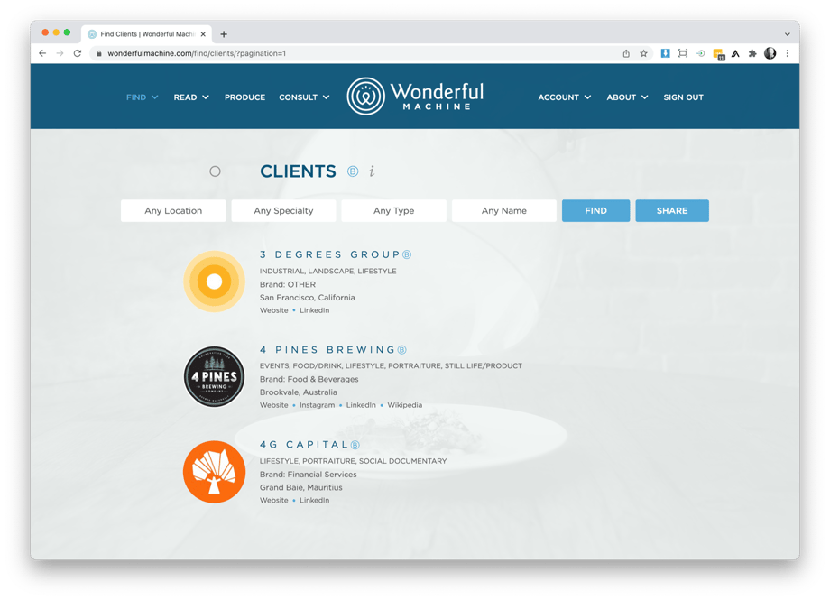 screenshot of wonderful machine's client search showing clients with a B Corps certification. 