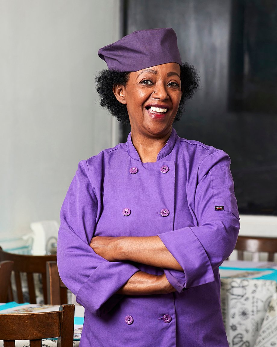 Chef in all purple featured for Atlanta magazine 13 best restaurants shot by Bailey Garrot