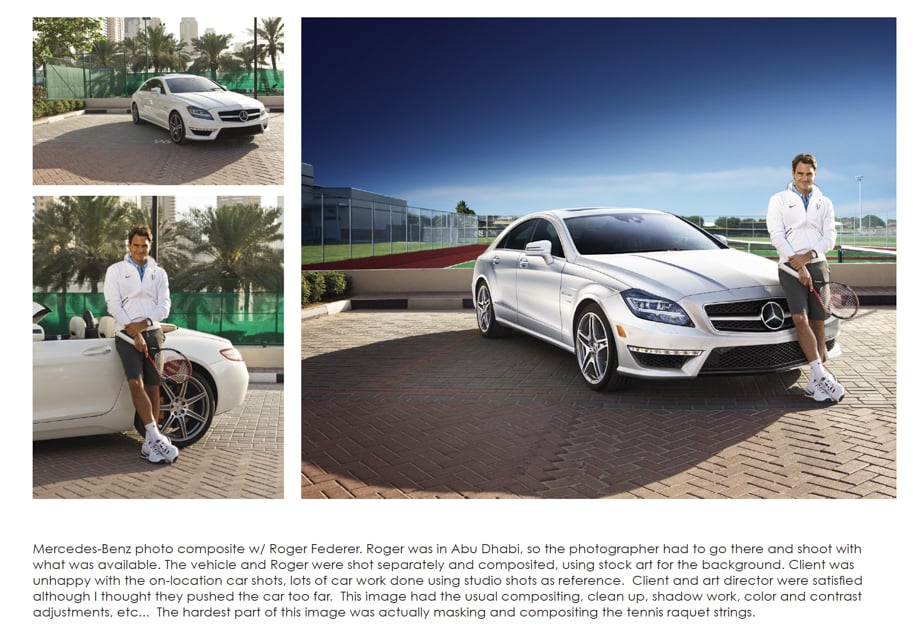 Both befores and after retouching of a tennis player with a mercedes by Ben Woolsey