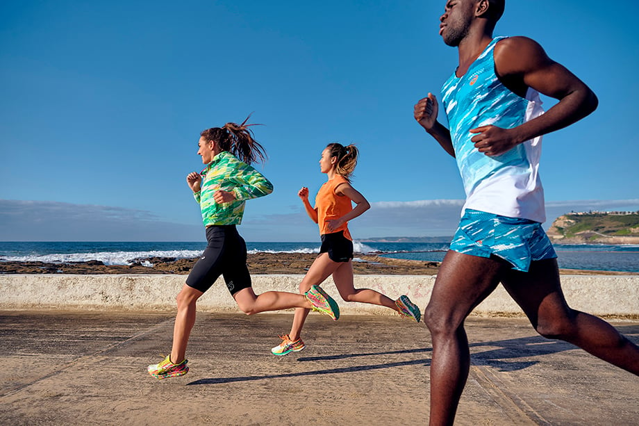 Brett Hemmings photographs three runners in action wearing ASICS Color Injection Sneakers. 