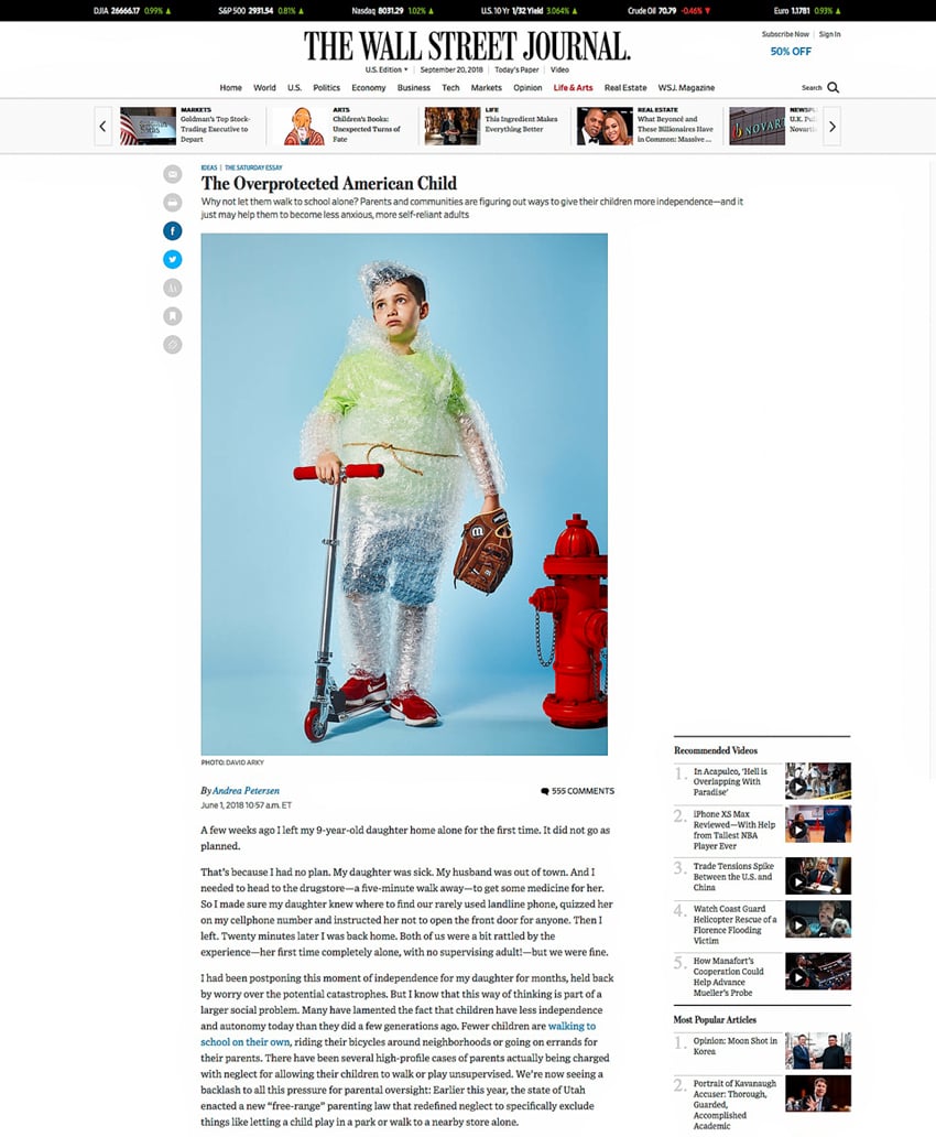 Article published by the Wall St Journal with portrait of a young boy covered in bubblewrap while playing shot by David Arky