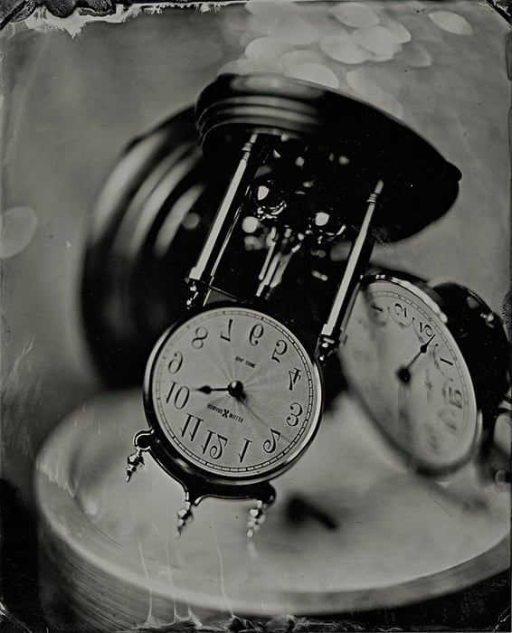 2020 was the year that time was turned upside down and backward. Because shooting provides a direct positive image, it was perfect for capturing these clocks I have in my home. Wet plate collodion image by Earl Richardson