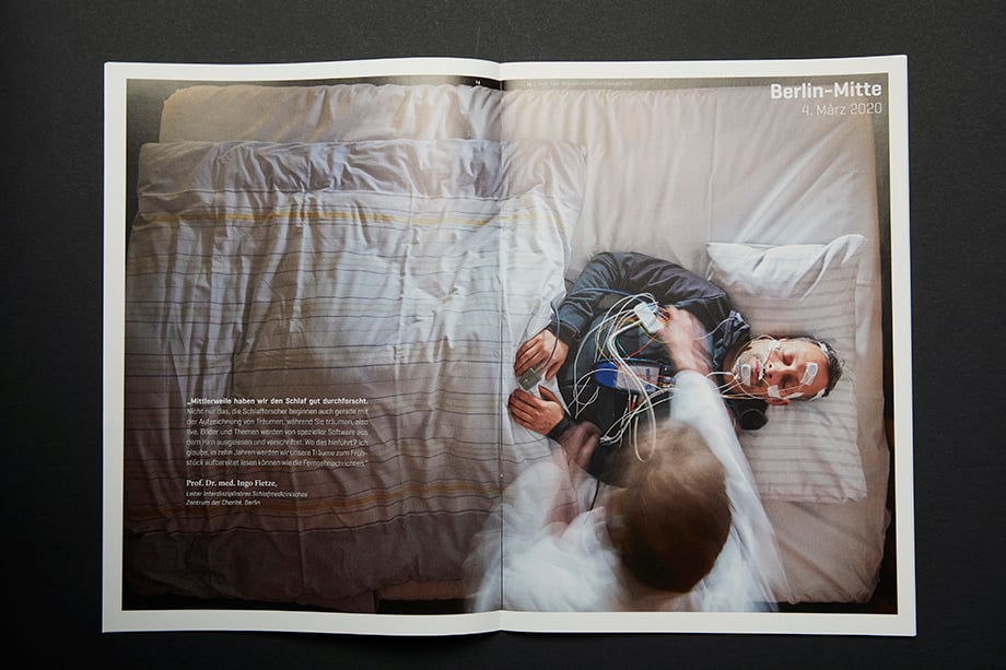 A spread in PFIZER's Zwei Magazin shows a man in a hospital bed. Photographed by Enno Kapitza