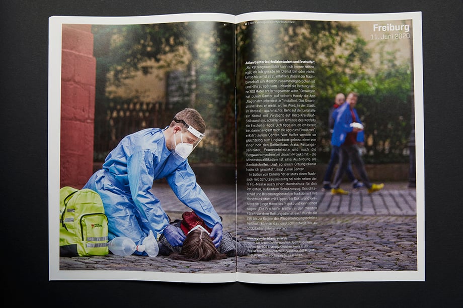 A spread in PFIZER's Zwei Magazin shows a first responder attending to an emergency. Photographed by Enno Kapitza