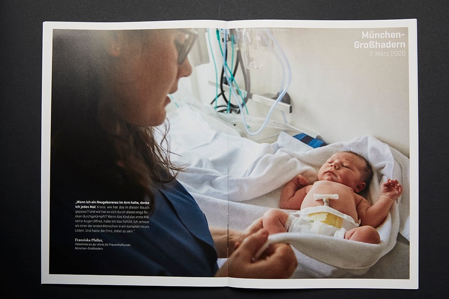 A newborn baby and nurse photographed by Enno Kapitza for PFIZER Germany. 