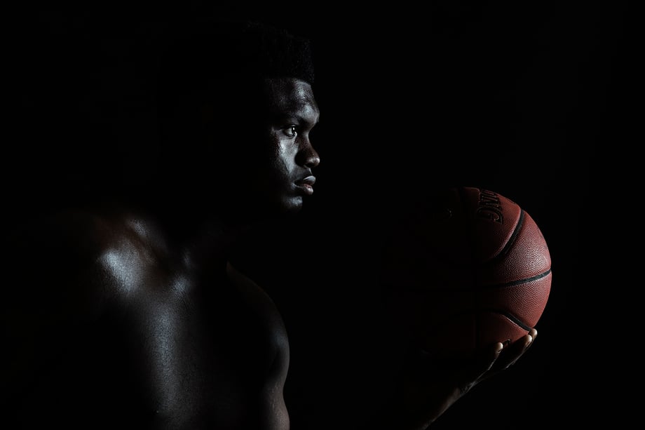 Ian Curcio photographs NBA star Zion Williamson portrait with a basketball