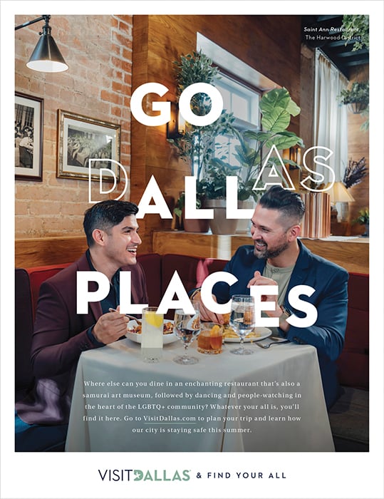 An ad featuring a gay couple dining at Saint Ann Restaurant. Photography by Inti St. Clair for Visit Dallas. 