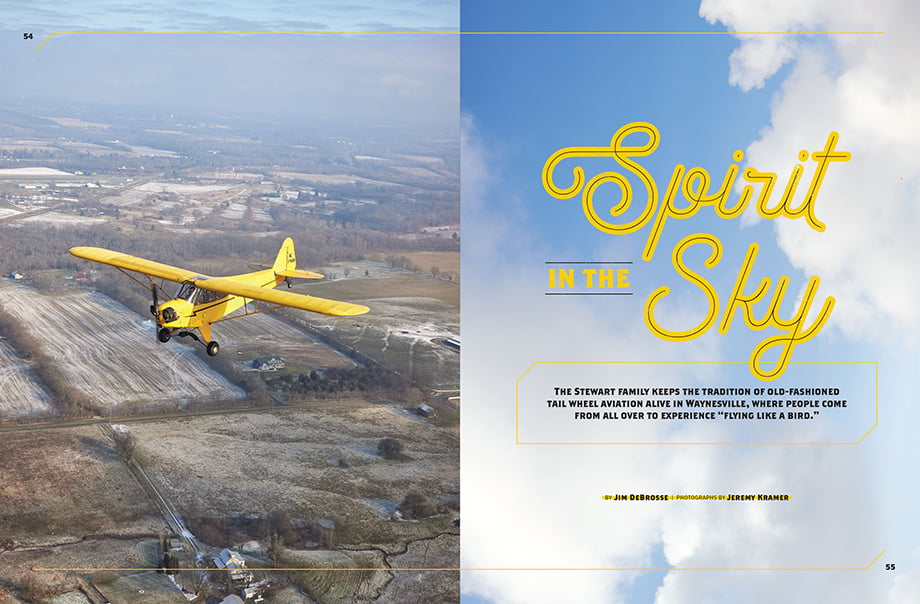 Tearsheet featuring a yellow aircraft Photography by Jeremy Kramer
