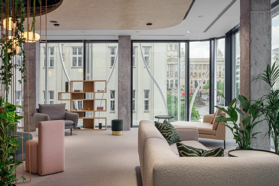 Interior shot of The Flow building with Wenceslas Square in the background shot by Jiri Lizler for Scott Weber
