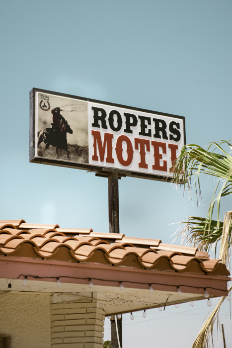 Ropers Motel sign in Pecos Tx shot by John Davidson for Texas Monthly Pecos Jane article