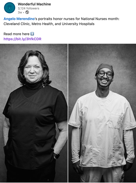 Wonderful Machine's May 2021 LinkedIn post on Angelo Merendino's portraits of nurses