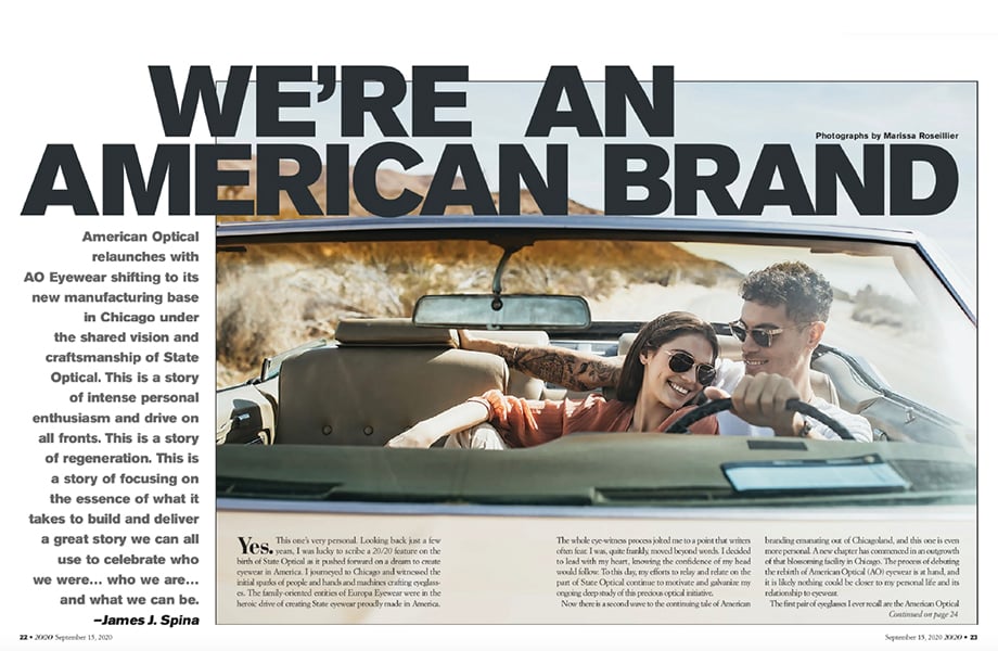 A tearsheet from 20/20 Magazine featuring photography by Marissa Roseillier for American Optical. 