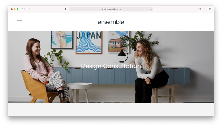 Screen shot of Design Consultation page featuring two Ensemble Furniture designers shot by Peter Tarasiuk