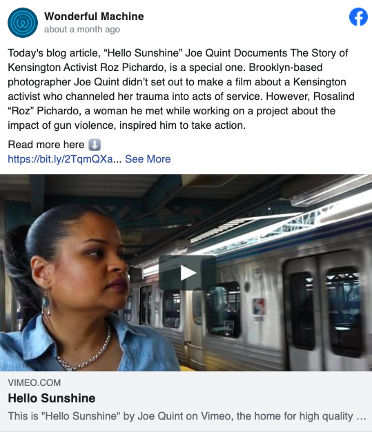 Wonderful Machine's June 2021 Facebook social media post on the "Hello Sunshine" project by Joe Quint