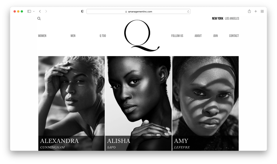 Q Model Management talent agency home page screenshot