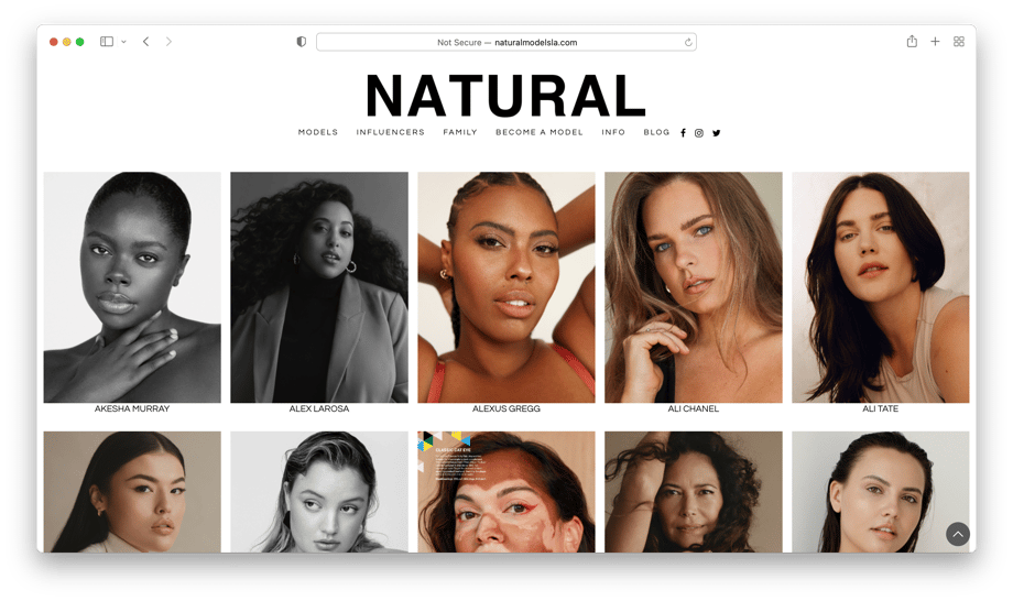 Natural Models talent agency homepage screenshot