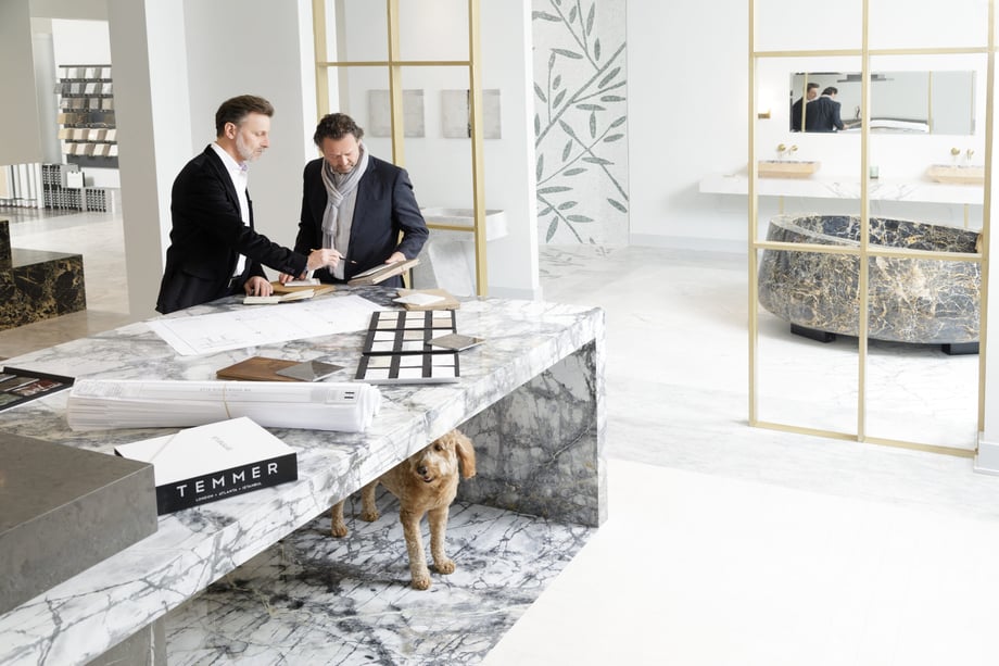 Patrick Heagney photographs two designers in a bright and airy marble room for Temmer Marble