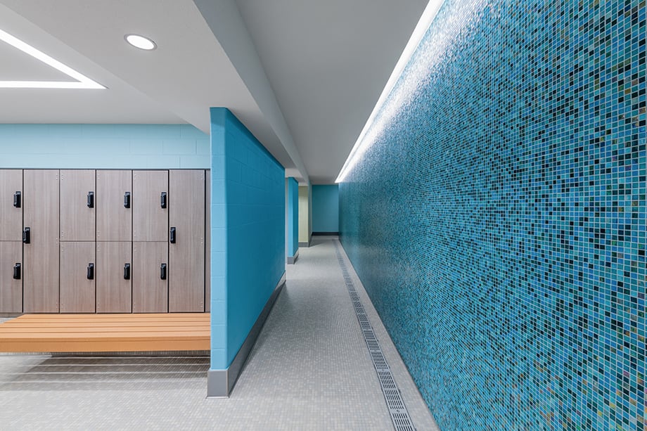 Locker room at Lewisville Thrive Recreation Center photographed by Wade Griffith for Barker Rinker Seacat Architecture.
