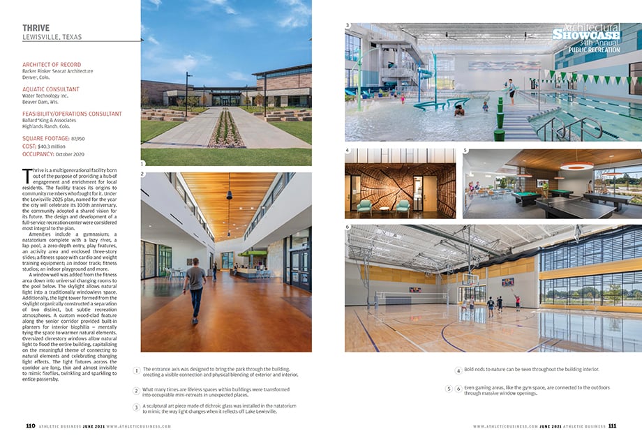 Tearsheet from Athletic Business Magazine featuring Wade's photography of Lewisville Thrive. 