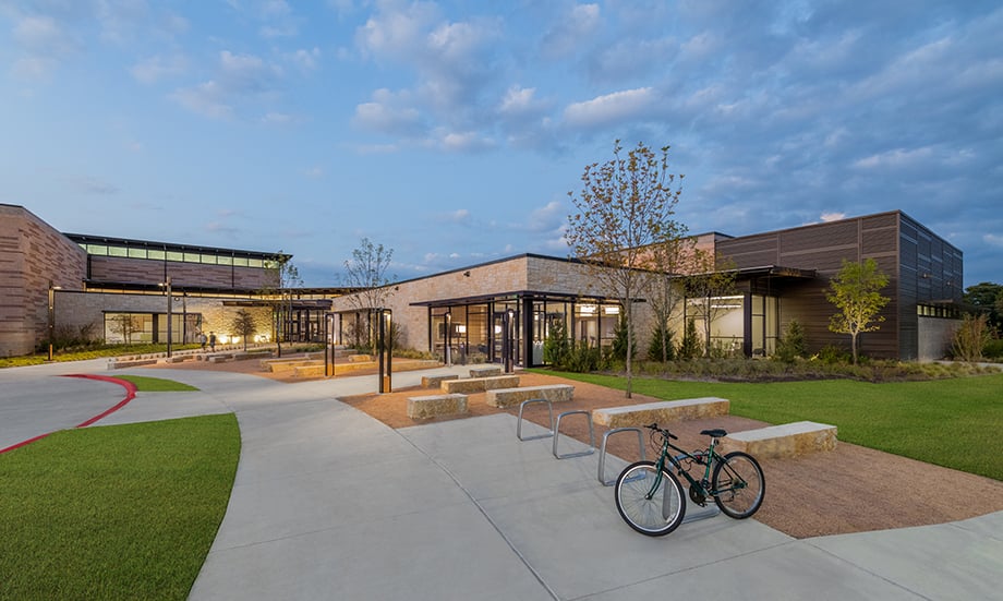Exterior of Lewisville Thrive Recreation Center photographed by Wade Griffith for Barker Rinker Seacat Architecture.