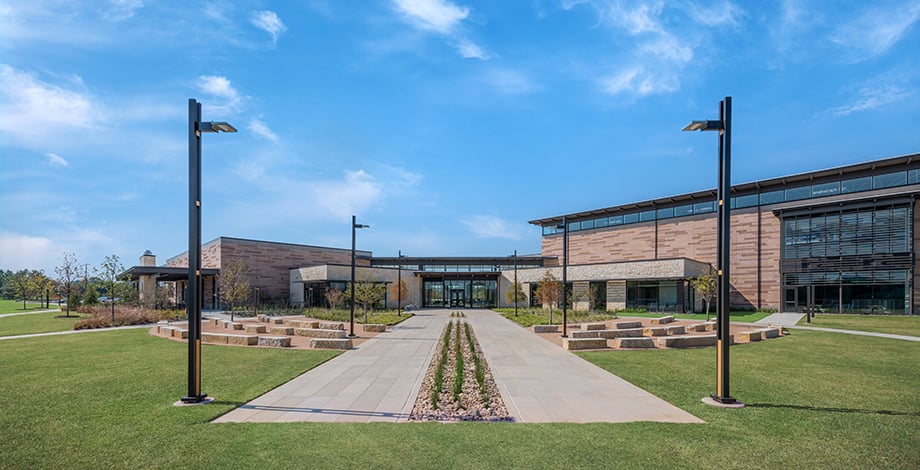 Outdoor photography of Lewisville Thrive Recreation Center photographed by Wade Griffith for Barker Rinker Seacat Architecture.