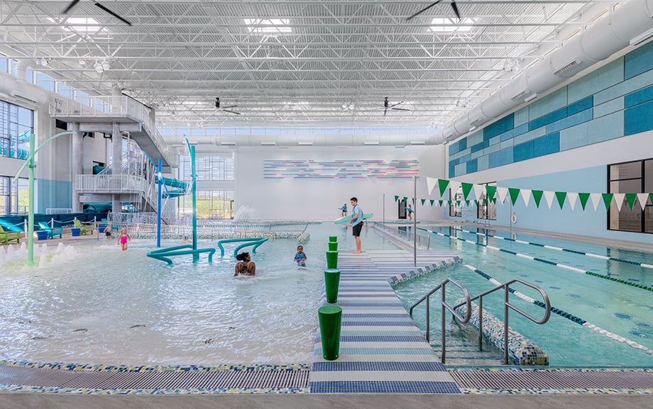 The pool room at Lewisville Thrive Recreation Center photographed by Wade Griffith for Barker Rinker Seacat Architecture.