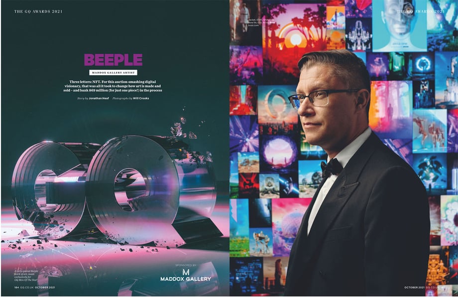 Tear sheet of British GQ Awards 2021 featuring Maddox Gallery Artist Beeple shot by Will Crooks