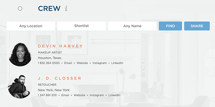 Wonderful Machine Screenshot of crew page showing our shortlist feature