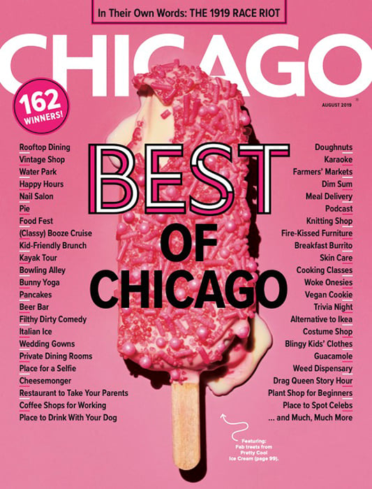 A pink popsicle on a pink backdrop on the cover of Chicago Magazine shot by Jason Little