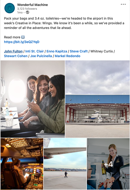 Wonderful Machine's May 2021 LinkedIn post following our Creative In Place: Wings Emailer