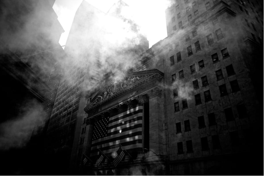 A building with smoke in front of it and a large american flag by Benjamin Norman, New York, New York