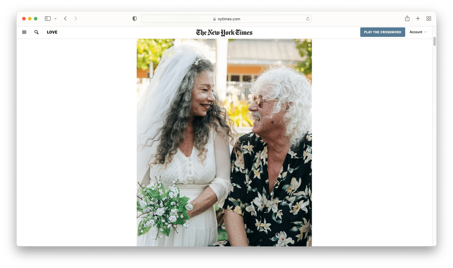 Tearsheet from The New York Times featuring folk singer Arlo Guthrie and his new wife Marti Ladd photographed by James Jackman