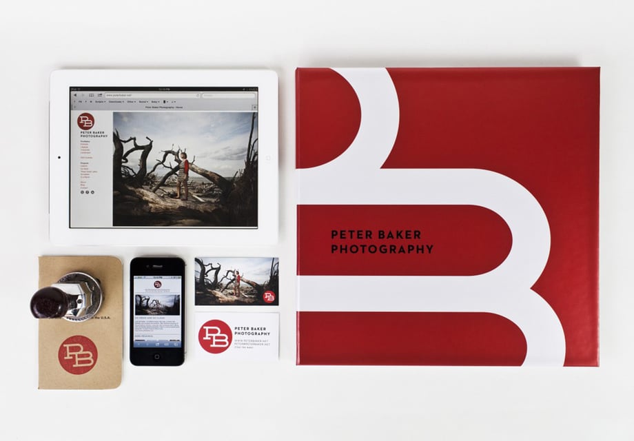 Peter Baker Photography's visual identity applied across his website, business cards, portfolio and other marketing materials.