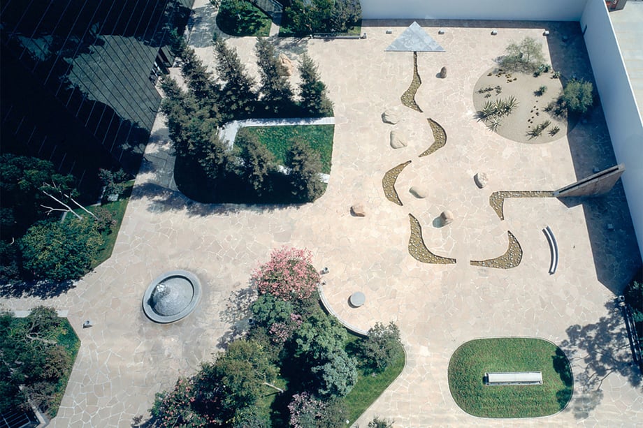 Birds eye view of sculpture garden "California Scenario" designed by Isamu Noguchi
