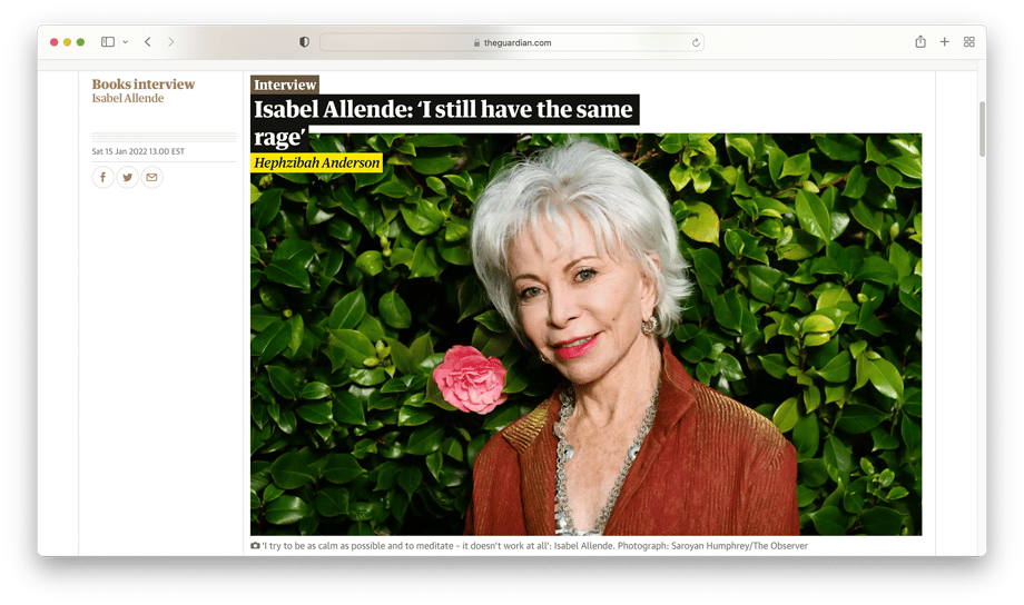 Tearsheet of writer Isabel Allende in The Guardian featuring image by Saroyan Humphrey