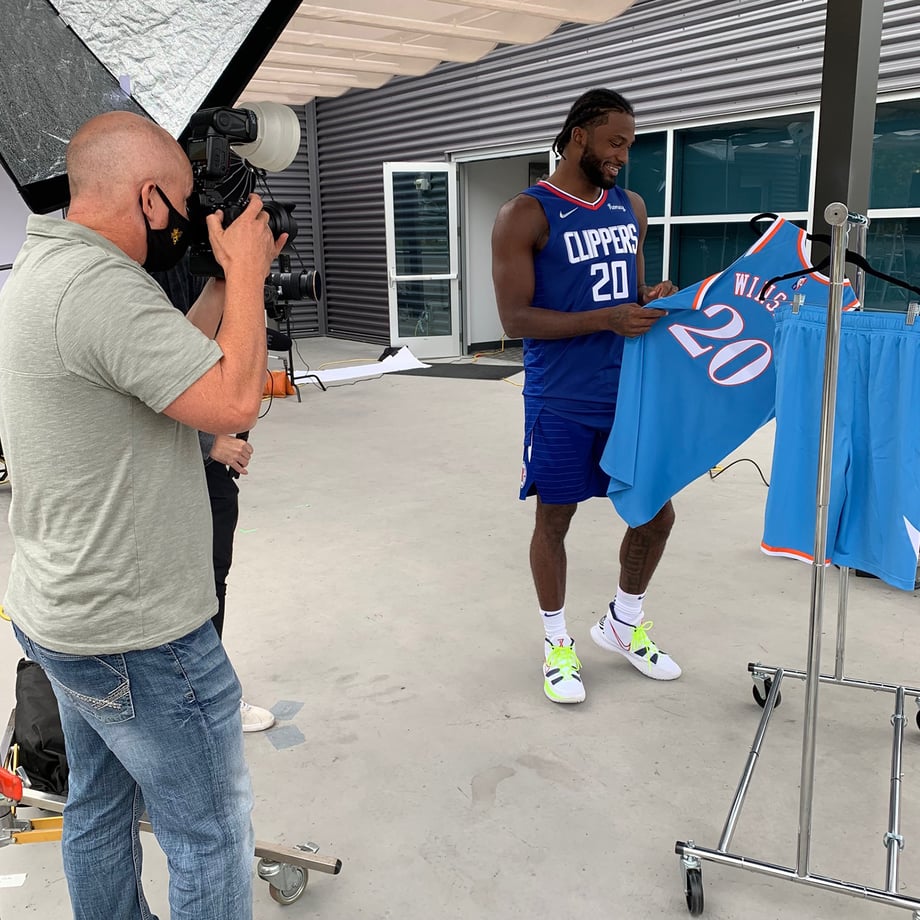 Behind the scenes of Erik Isakson photographing Small Forward Justice Winslow of the LA Clippers basketball team