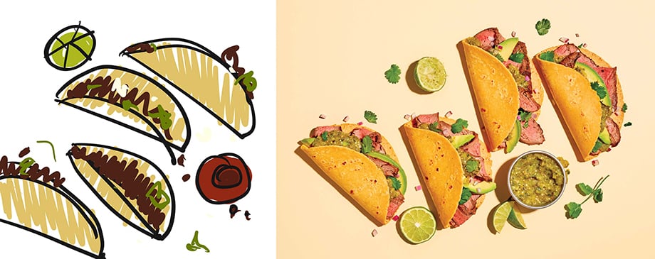 Sketch of tacos and side-by-side photo shot by Suzanne Clements for Moinkbox.