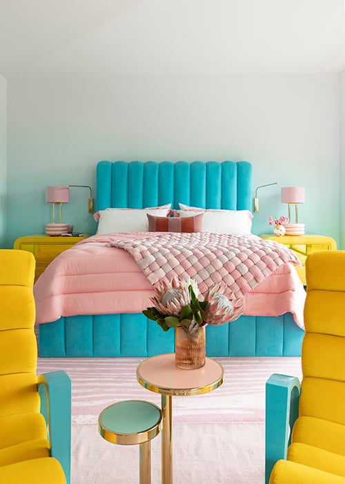 Colorful bed in Venice Beach, Calif. home designed by Jessica Ayromloo