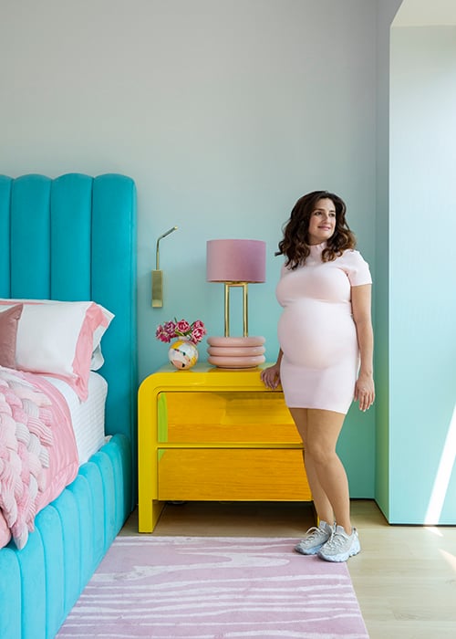 A pregnant Jessica Ayromloo, designer of home