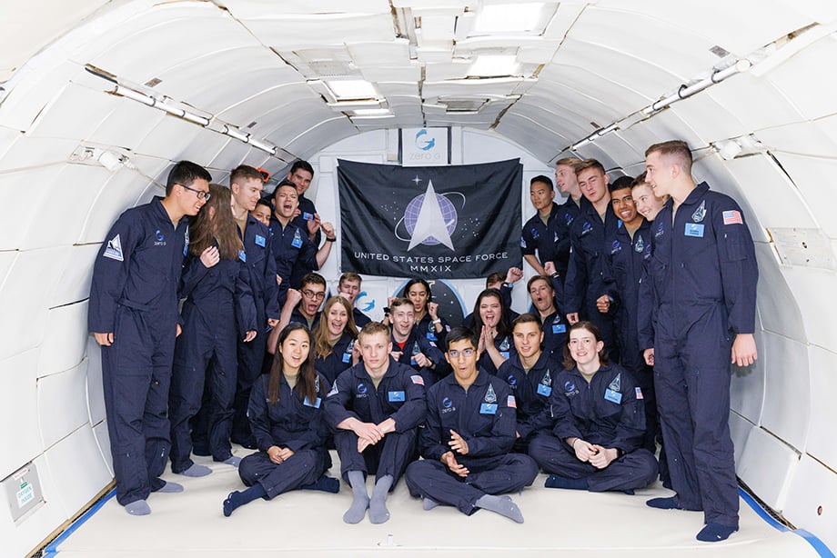 US Space Force Cadets get excited about their first experience in a Zero G aircraft, image photographed by Steve Boxall.