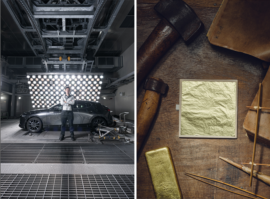 Image on left: man stands in front of car with row of lights behind. Right: gold foil design around various artists tools. Images captured by Tokyo-based photographer Irwin Wong.