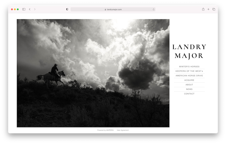 Screenshot of LA-based fine art photographer Landry Major website, featuring the Keepers of the West project.