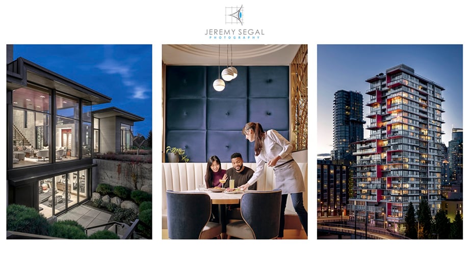 Three images showcasing Vancouver photographer Jeremy Segal's design, hospitality, and architectural focus.