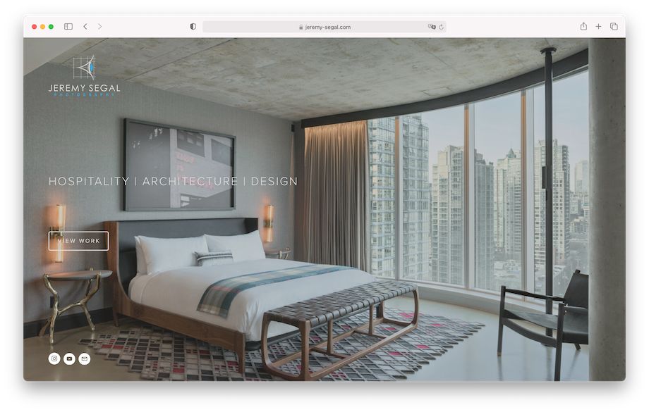 Screenshot of Vancouver photographer Jeremy Segal's website featuring his three main specialties: hospitality, architecture, and design.