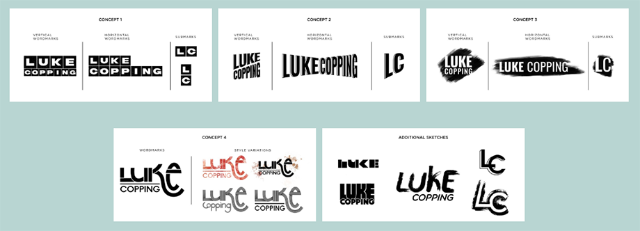 Four concepts plus additional sketches provided by Lindsay Thompson for photographer Luke Copping's new logo.