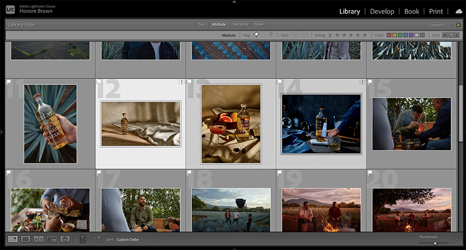 A screenshot of Honore sequencing the images in lightroom for photographer Clay Cook's project edit.