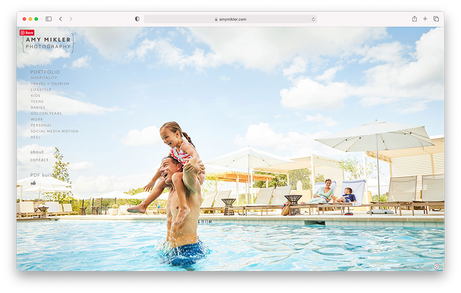 Screenshot of Austin-based hospitality photographer Amy Mikler's website featuring an image of a father and daughter playing in the pool.